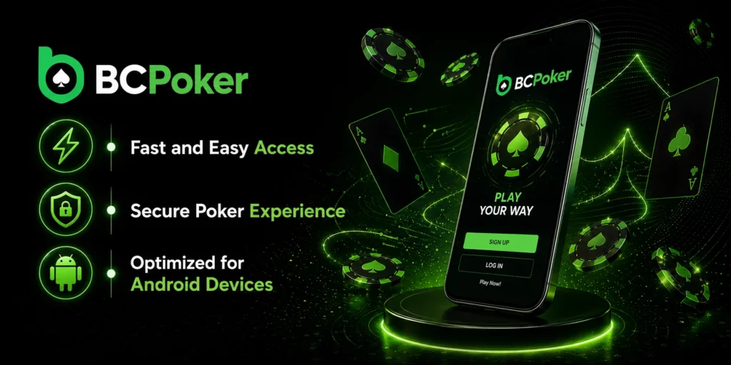 BC Poker Android app banner with secure poker access, mobile poker interface, fast login features and optimized gameplay visuals
