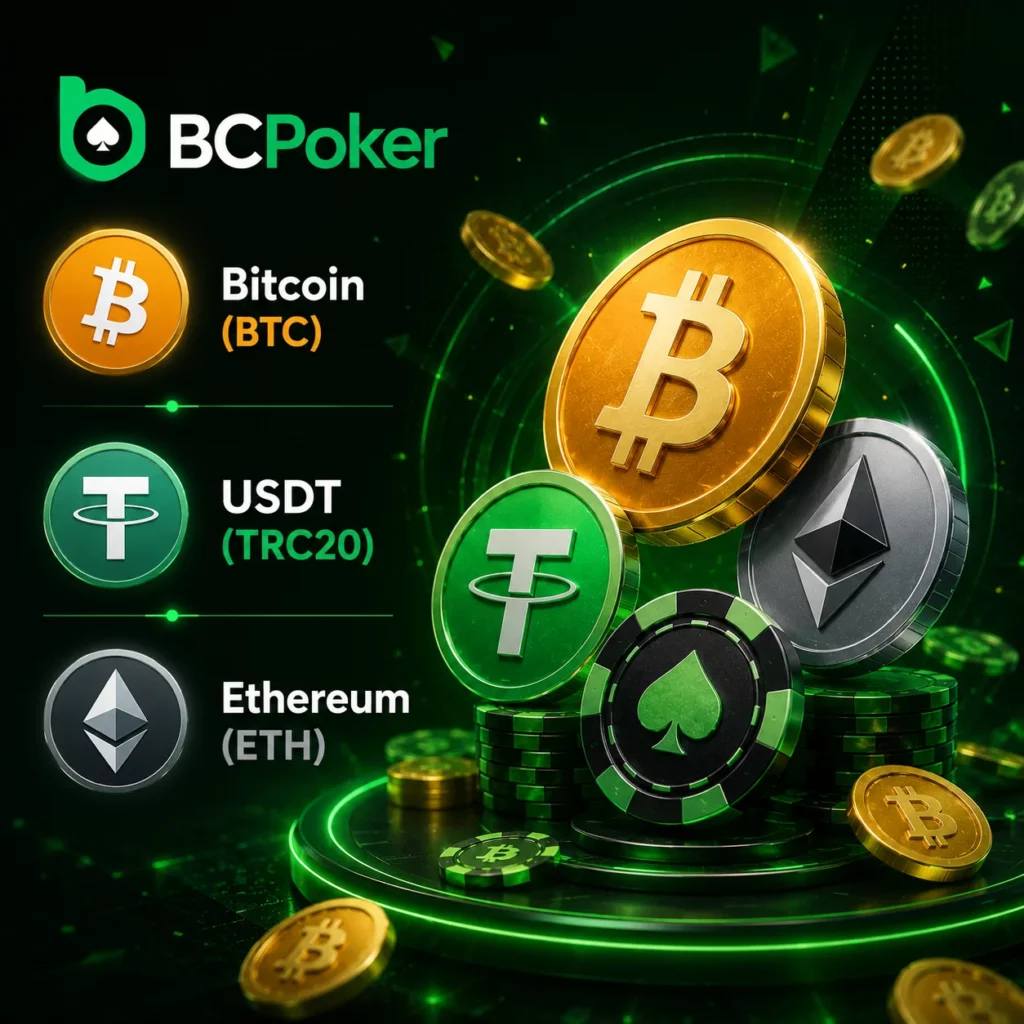 BC Poker crypto payment methods banner with Bitcoin, USDT TRC20 and Ethereum coins in a neon casino style
