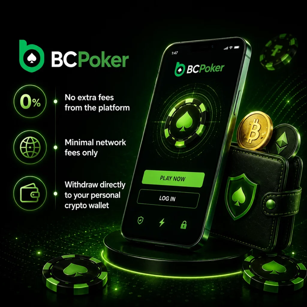 BC Poker crypto wallet banner with direct withdrawals, minimal network fees, mobile poker app and glowing Bitcoin wallet visuals